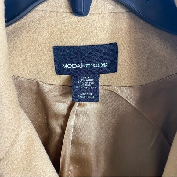 Moda International Wool Blend Pea Coat Large Camel Tan Brown Double Breasted - Picture 8 of 8